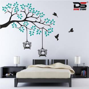 Divine studio 45 cm Trending Sea Green Birds Flying, Nest and Tree Printed Wall Sticker Self Adhesive Sticker