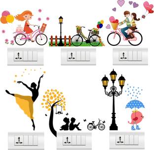 rawpockets 30 cm Colorful Switch Board Sticker - Birds Cage - Love Couple - Bicycle - Kids Self Adhesive Sticker
