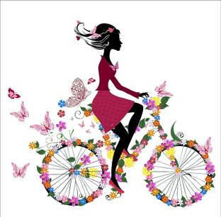 CreativeEdge 100 cm Girl Cycling Among Flowers Wall Sticker Self Adhesive Sticker