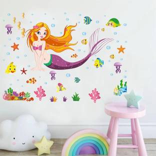 Archi Graphics Studio 105 cm Beautiful Marmaid in Underwater and Fishes Water Bubbles Wall Sticker (PVC Vinyl Multicolor Size-105x77cm) Self Adhesive Sticker