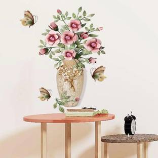 Indian Royals 60 cm 3D Pink Flower Arranging and Vase Wall Décor Wall Sticker ( 45 CM X 60 CM) Self Adhesive Sticker