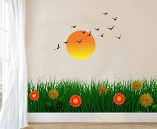 GLOBAL GRAPHICS 98 cm Beautiful Yellow Sunset fly Birds With Green Grass Decorative wall Stickers ( PVC Vinyl ) Self Adhesive Sticker