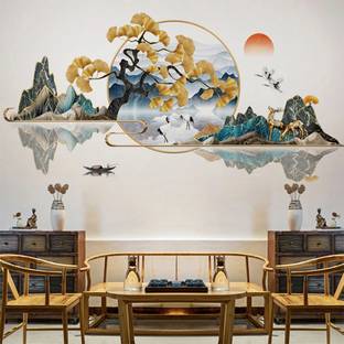 JAAMSO ROYALS 90 cm Chinese Style Feng Shui Scenery Flowers Vinyl Wall Sticker (60CM x 90CM) Self Adhesive Sticker