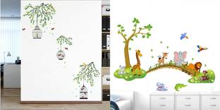 Flipkart SmartBuy 1 cm Bird Cage Hanging In Garden::Animals Cartoon Jungle Friends Over Bridge Nursery Self Adhesive Sticker