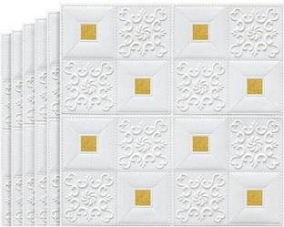 Onbet 70 cm 3D Decorative Foam White With Gold Wallpaper (70X70 CM) Self Adhesive Sticker