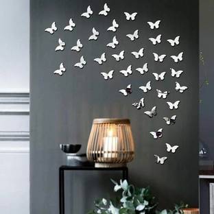 VAH 17 cm Butterfly Silver - 3D Acrylic Mirror Decorative Mirror Wall Sticker (Pack Of 40) Self Adhesive Sticker