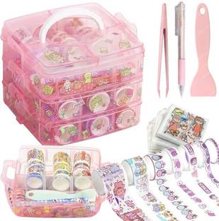 NESTIFY 14 cm Washi Tape Set 100 Pcs with Stickers Tools in 3 Layer Box for DIY Art Craft Removable Sticker