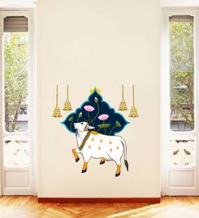 LAKSHIT ENTERPRISES 50 cm kamdhenu cow with bells wall sticker Self Adhesive Sticker