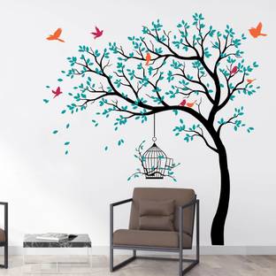 rawpockets 200 cm Blue Tree with Birds and Cage Self Adhesive Sticker