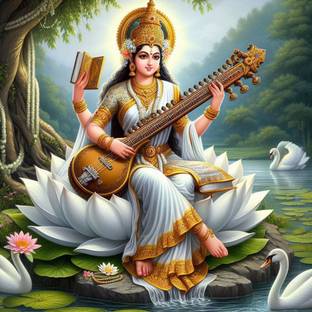 Ordershock 8 inch Maa Saraswati With Beautiful Nature Wall Sticker For House, Home 8x8 Inches Chalkboard Sticker