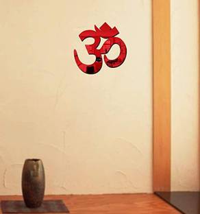Bikri Kendra 14 cm Om - 3D Acrylic Mirror Stickers for Wall- Red Self Adhesive Sticker