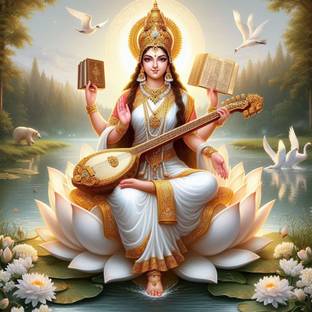 voorkoms 8 inch Maa Saraswati With River & Nature Wall Sticker For House, Home 8x8 Inches Self Adhesive Sticker