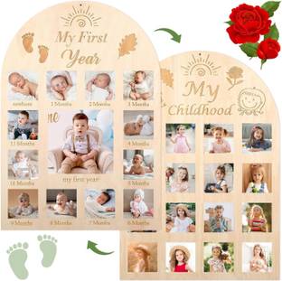 CLITHS 16.9 inch My First Year Photo Frame Wood Board 12 Months Baby Picture Milestone Reusable Sticker