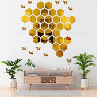 wallmarvel 12 cm 28 Hexagon 10 Butterfly Golden Self Adhesive Sticker (Pack of 38) Self Adhesive Sticker