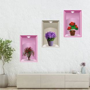 Design Decor 18 cm Flower Pot wall Sticker 3D Effect 3 Pieces Self Adhesive Sticker