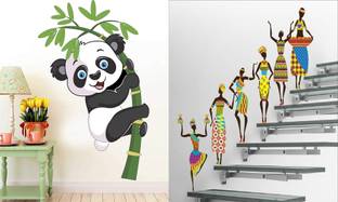 Walltech 90 cm Baby Panda and Tribal lady Self Adhesive Sticker