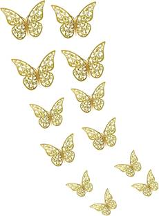 Indian Royals 90 cm 3D Butterfly Wall Sticker ( Golden , Set of 12 pcs) Self Adhesive Sticker