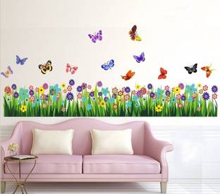 GLOBAL GRAPHICS 122 cm Beautiful Grass colorful butterflyes wall multicolor wall sticker for made home beautiful Reusable Sticker