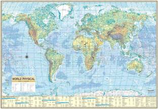 EarthScale 40 inch World Physical Map Size: 40"x28" inch With Facts, Area, Population, Density Etc Reusable Sticker