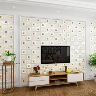 Onbet 70 cm 3D Decorative Foam White With Gold Wallpaper (70X70 CM) Self Adhesive Sticker