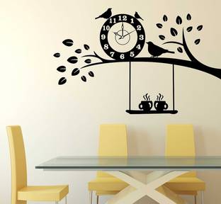 Wallme 90 cm Clock & Sparrow On Branch Black PVC Vinyl Medium Wallsticker(90CM x 60CM) Medium Self Adhesive Sticker