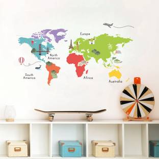 stylishdecor 76 cm Educational World Map Decorative Wall Sticker for Learning & Travel Enthusiasts Self Adhesive Sticker