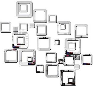Bikri Kendra 14.9 cm 30 Square Silver Mirror Stickers for Wall, Acrylic Mirror Wall Mirror Stickers Self Adhesive Sticker