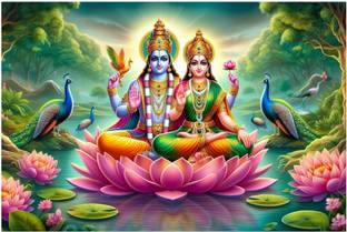 komstec 18 inch Lord Vishnu Ji With Mata Laxmi Wall Art Wall Sticker For Home Décor 18x12 Inches Self Adhesive Sticker