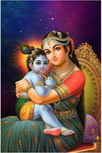 surmul 46 cm Bal Krishna With Maa Yashoda Wall Sticker For Home Décor, living room 18x12 Inch Self Adhesive Sticker