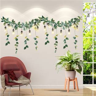 stylishdecor 91 cm Cozy Decorative Hanging Light Bulbs with Green Leaves Wall Sticker Self Adhesive Sticker