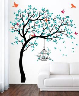 rawpockets 200 cm Blue Tree with Birds and Cage Self Adhesive Sticker