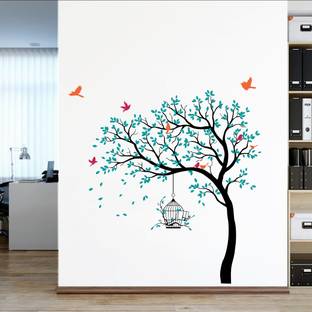 rawpockets 125 cm Blue Tree with Birds and Cage Self Adhesive Sticker