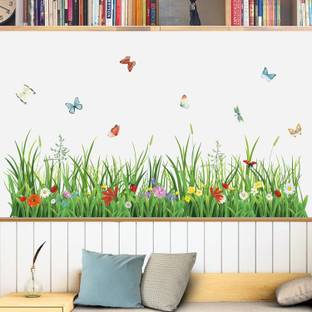 InkHex 132 cm Wall Decal Grass Wall Corner Stickers Flowers Butterflies Baseboard Wall Sticker Self Adhesive Sticker