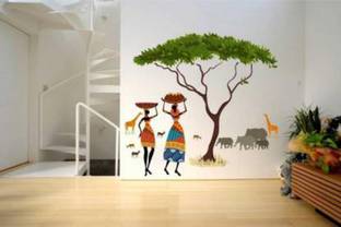 Psychedelic Collection 100 cm African Jungle Artistic Tribal Ladies With Animal Nature Story Removable Sticker Self Adhesive Sticker