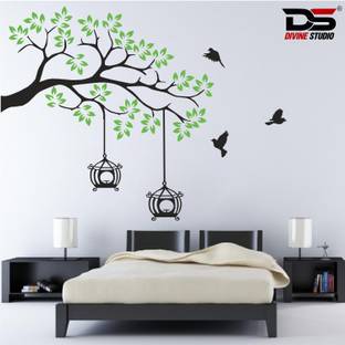 wildartcreation 45 cm Trending Drak Green Birds Flying, Nest and Tree Printed Wall Sticker Self Adhesive Sticker