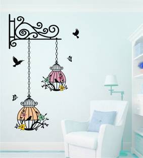 Heaven Decors 64 cm Hanging Flower Birdcage With Birds Wall Sticker For Living Room ( ideal size on wall: 39 cm x 63 cm ),Multicolour Self Adhesive Sticker