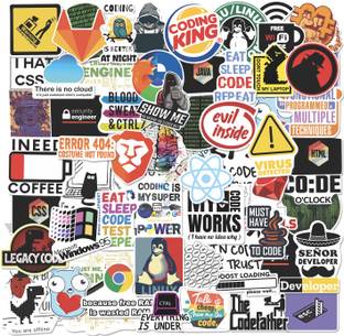 CLICKEDIN 5.08 cm Computer Developer & Coding Stickers For Laptops,Phone Covers,bottles(Set Of 60) Self Adhesive Sticker