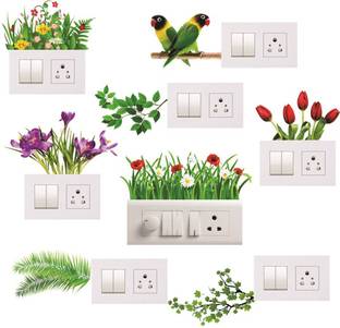 DreamKraft 33 cm Decorative Wall Art Flowers and Birds Switch Board Sticker Set of 8 Self Adhesive Sticker