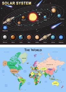 ShubhFly 47 cm COMBO Solar System and World Map Wall Sticker Educational Chart Waterproof Self Adhesive Sticker