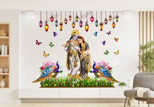 DivineDesigns 72 cm Radha Ji Krishna Ji Peacock Wall Sticker Self Adhesive Sticker