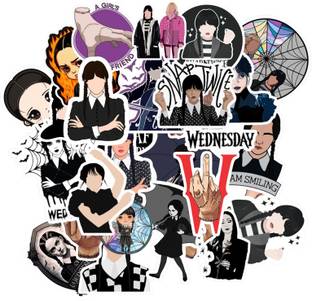 sethienterprise 5 cm Aesthetic Wednesday Addams Vinyl Stickers Durable Decals for Bottles, Laptops Self Adhesive Sticker