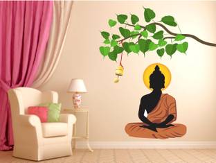 DivineDesigns 61 cm Gautama Buddha & Peepal Tree Self Adhesive Sticker