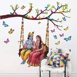 Decor Villa 80 cm Radhe Krishna On swing of Branch With Birds And Butterflies for Religious Places Removable Sticker