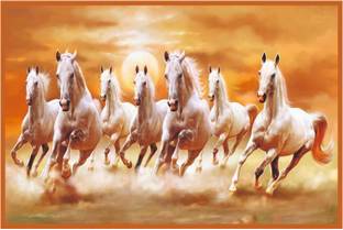 Stikor 12 inch White 7 Lucky Running Horses Vastu Painting (12X18 inch,Rolled) Wall Poster Removable Sticker