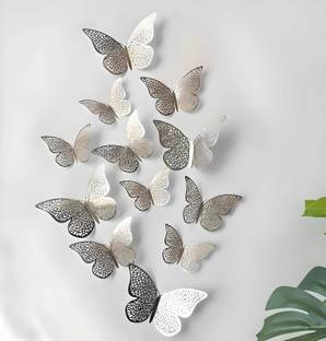 JAAMSO ROYALS 120 cm Silver 3D Butterefly Home Décor Wall Sticker (Set of 12) Self Adhesive Sticker