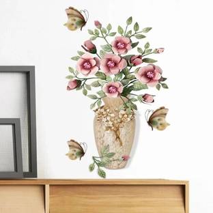 JAAMSO ROYALS 60 cm 3D Pink Flower Arranging and Vase Wall Sticker ( 45 CM x 60 CM) Self Adhesive Sticker