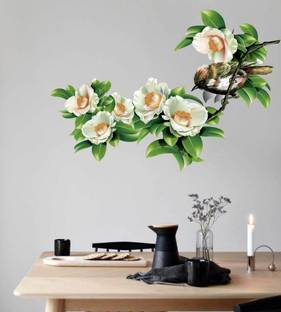 VCREATE DECOR 58 cm Beatiful White Flower with Birds Wall Sticker & Decal Size -( 58 cm x 55 cm ) Self Adhesive Sticker