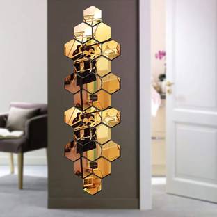 Bikri Kendra 12 cm Glass Hexagon 24 Golden 3D Acrylic Mirror Wall Stickers Self Adhesive Sticker
