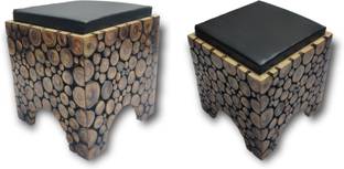 manzees Wooden Antique Square Shaped Cushion Stool with extra Storage ( Set of 2 ) Stool