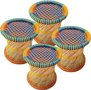 RCLV Natural & Handmade bamboo Mudda/Stool with Orange Blue Color set of 4 Outdoor & Cafeteria Stool